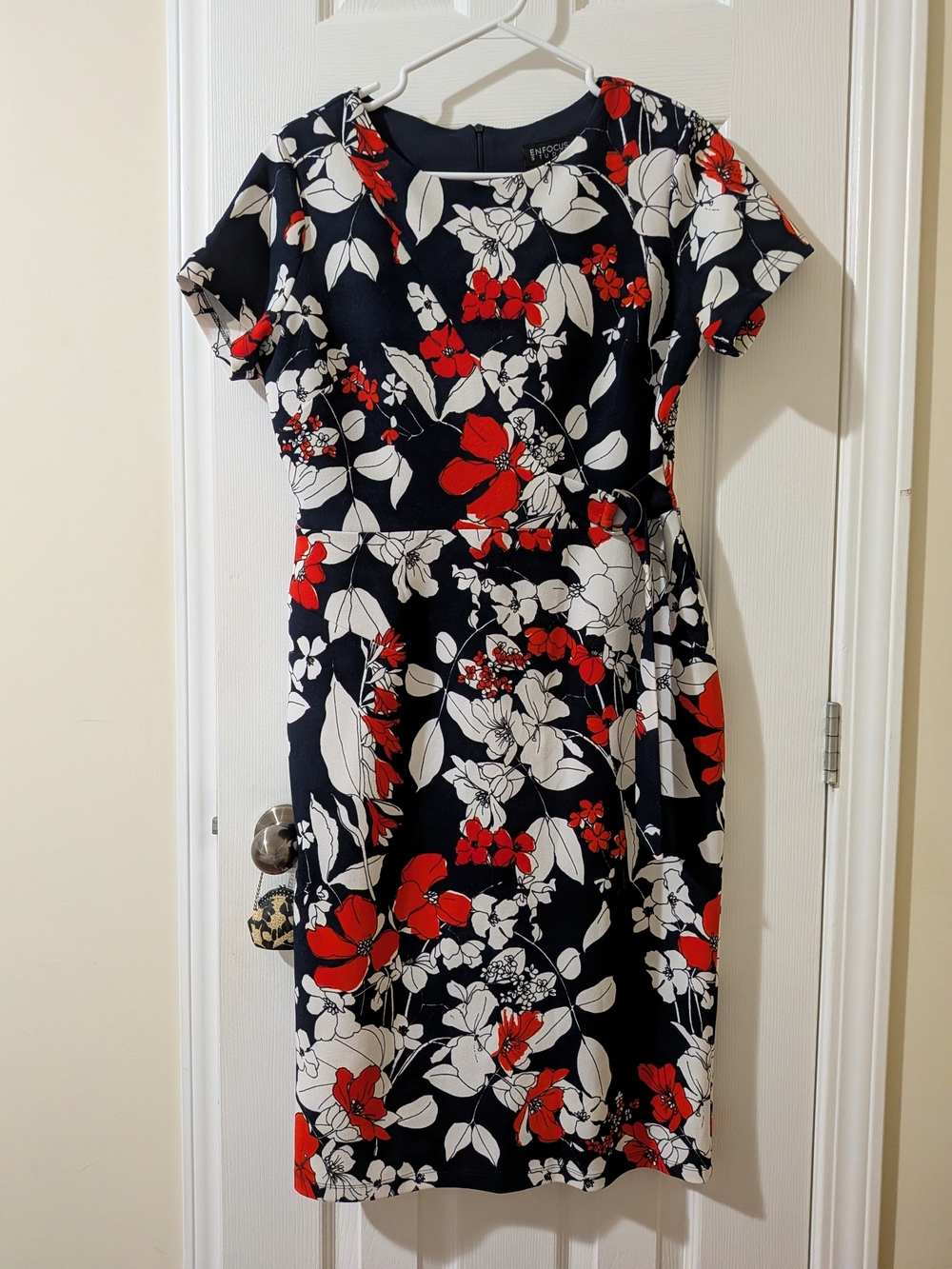 Enfocus Studio Navy Floral Sheath Dress with Red & White Blooms